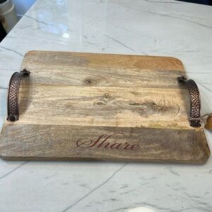 Wood tray with hammered copper handles
